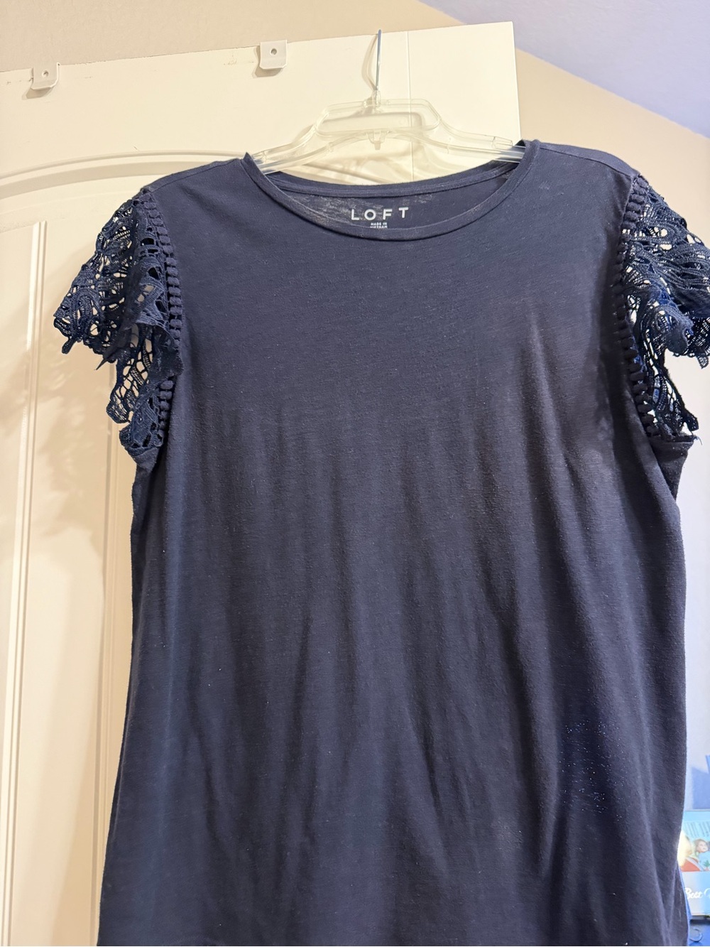 LOFT Navy Crochet-Sleeve Short Sleeve Tee